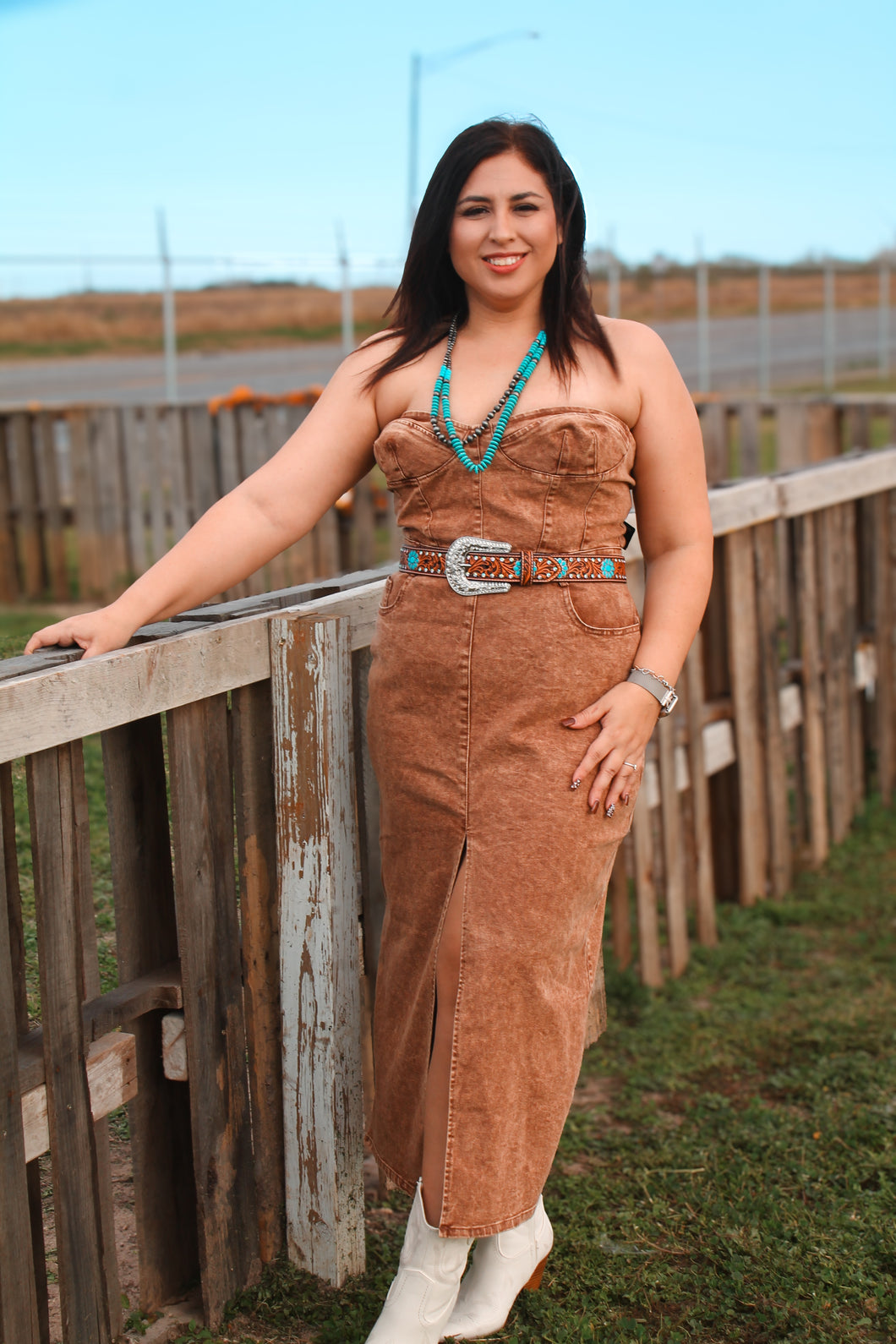 Denim Strapless Maxi Dress- Camel