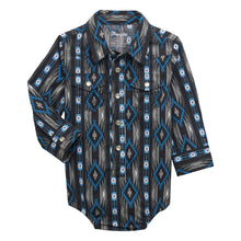 Load image into Gallery viewer, Baby Boy Wrangler Onesie Blue &amp; Black Aztec Long Sleeve
