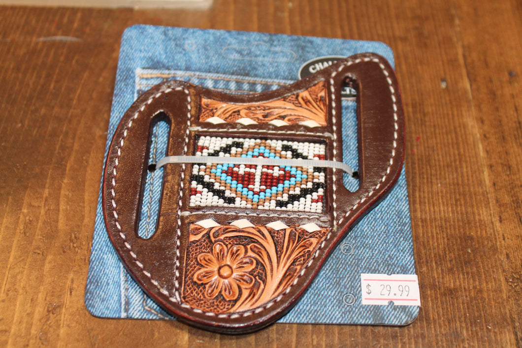 Western White Cross Pancake Knife Sheath- Brown/Blue/Red/White Beads