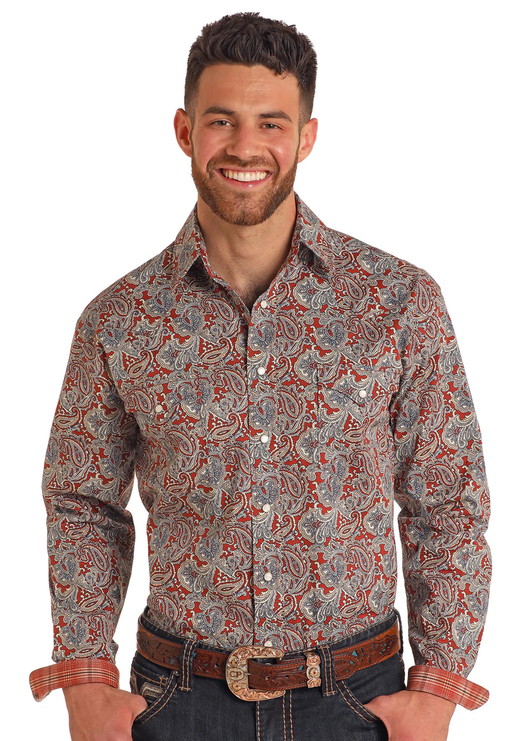 R&R Men’s Rust Paisley Long-Sleeve Pearl-Snap