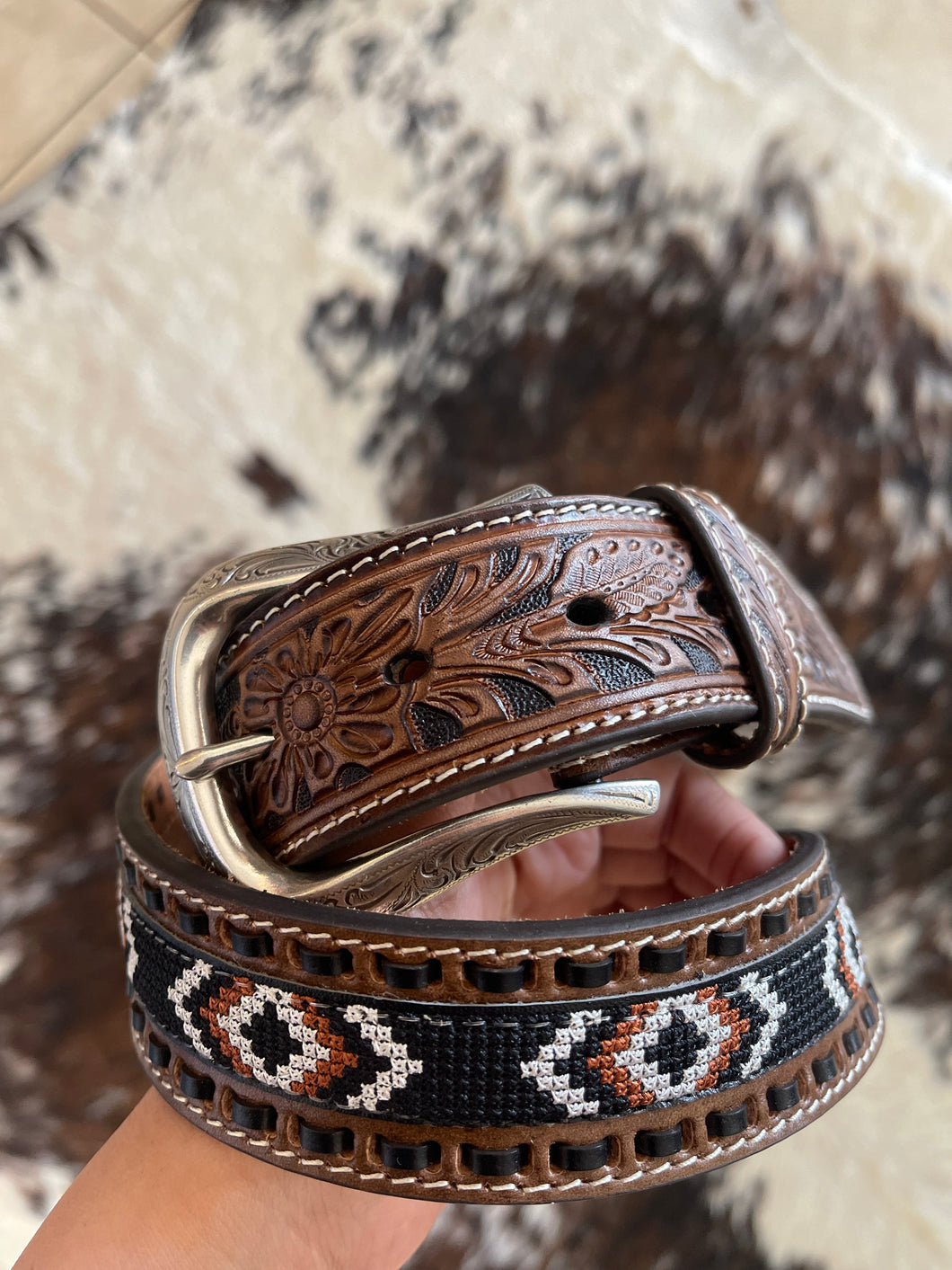 Nocona Men's Black and Brown Embroidered Belt