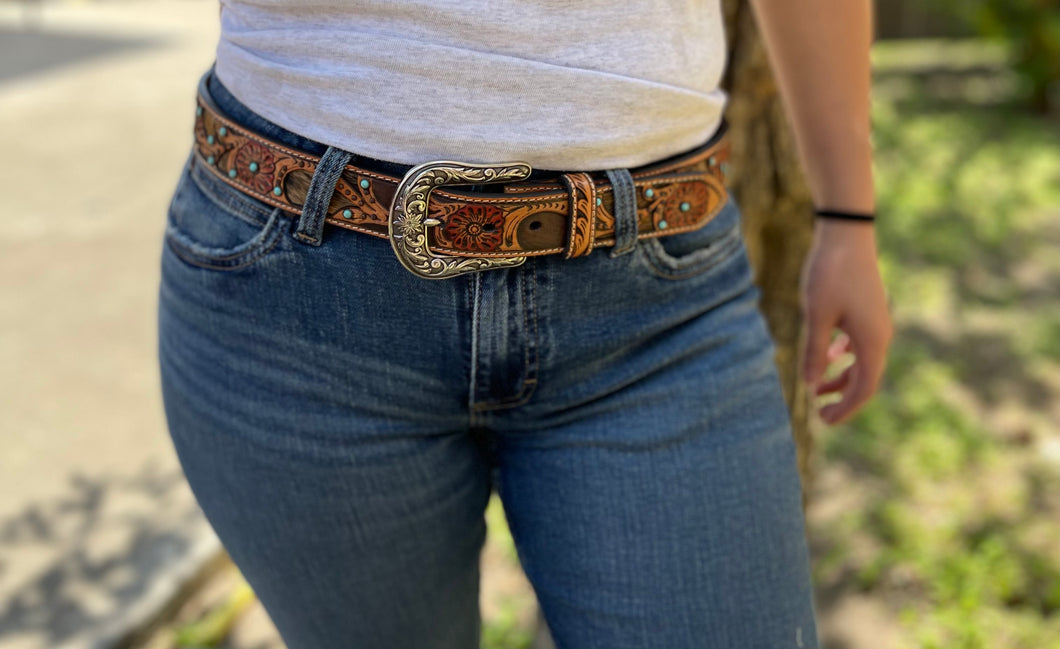 Womens Cowhide Tooled Belt with Turquoise Studs